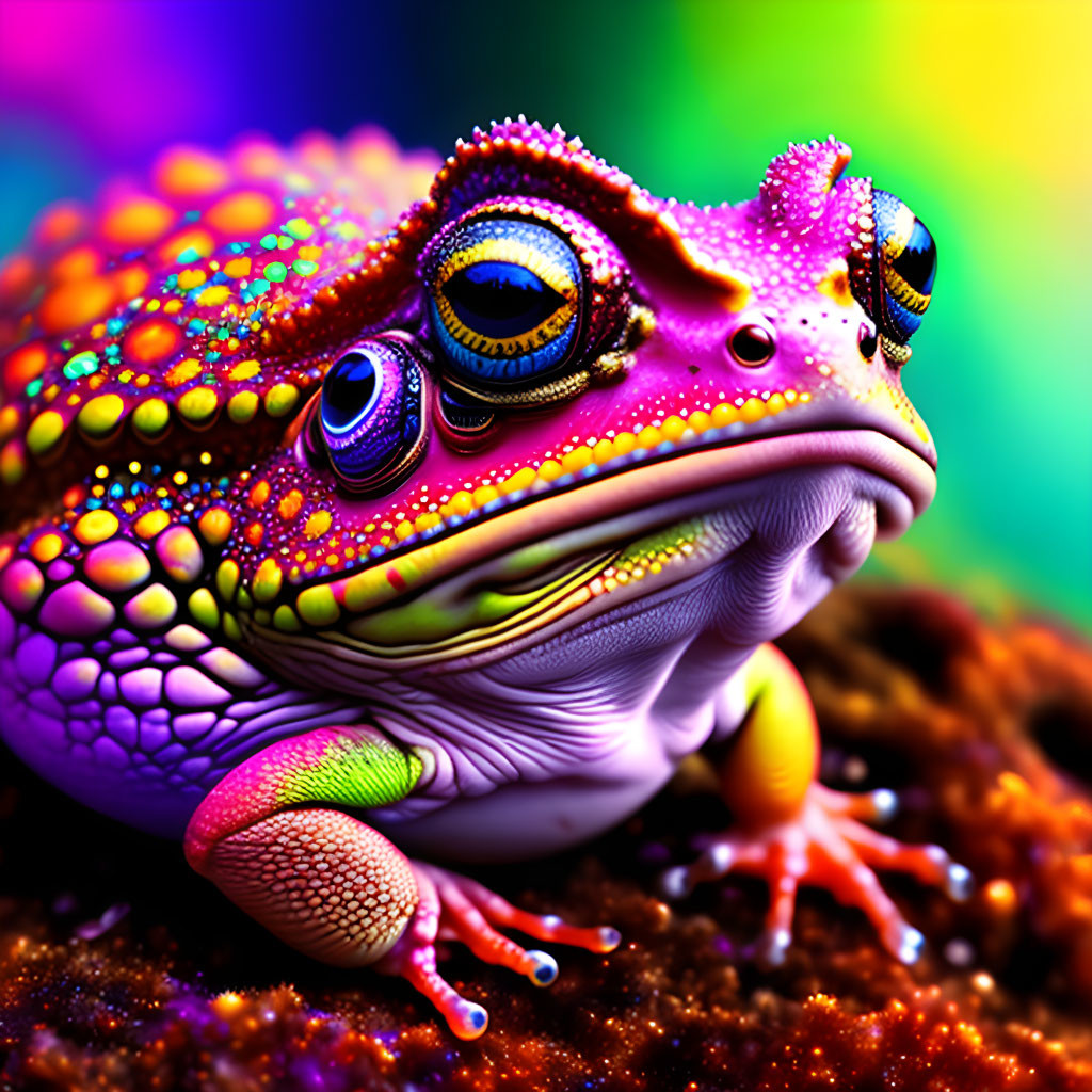 Colorful digitally enhanced frog on rainbow background