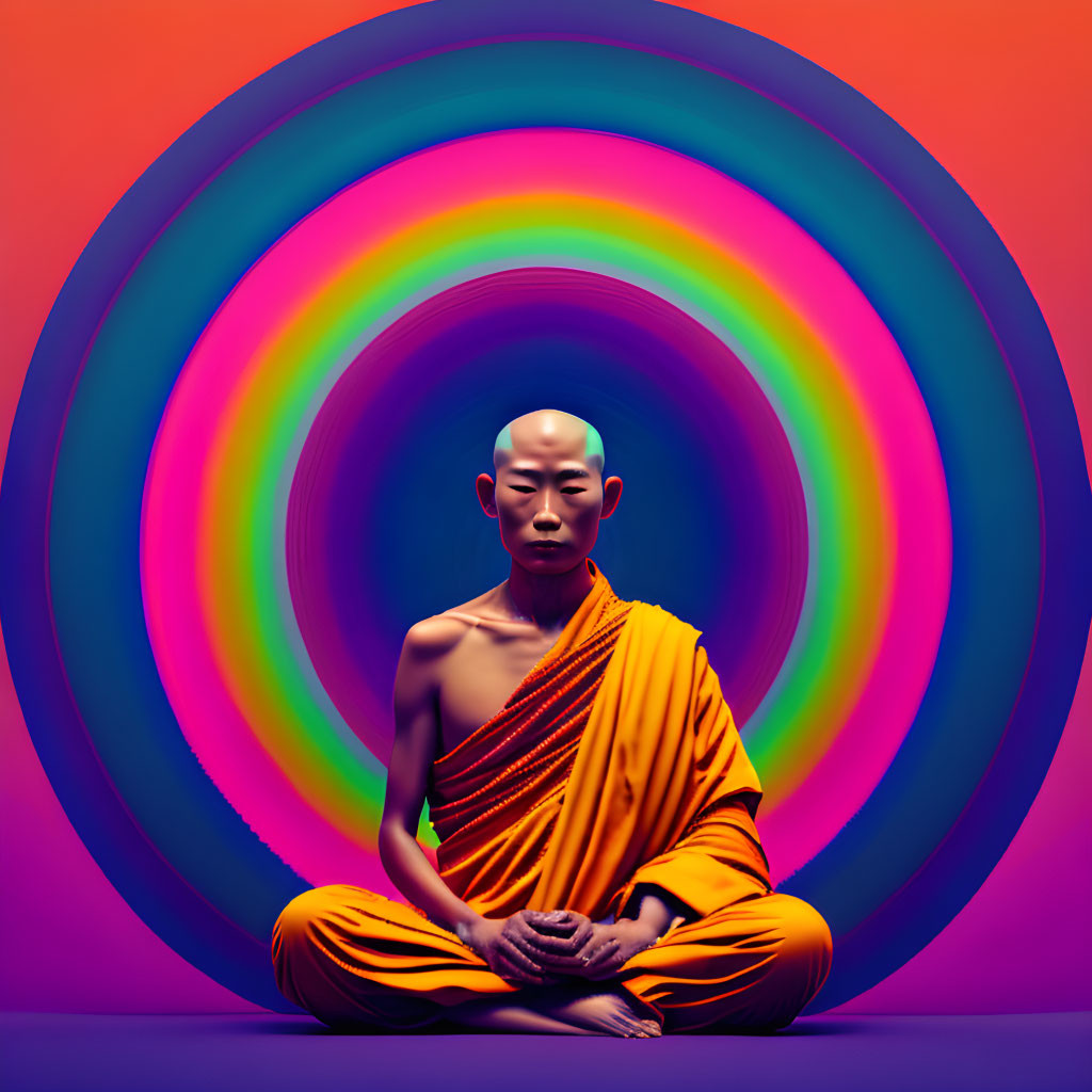 Meditating Figure in Orange Robes Surrounded by Rainbow Circles