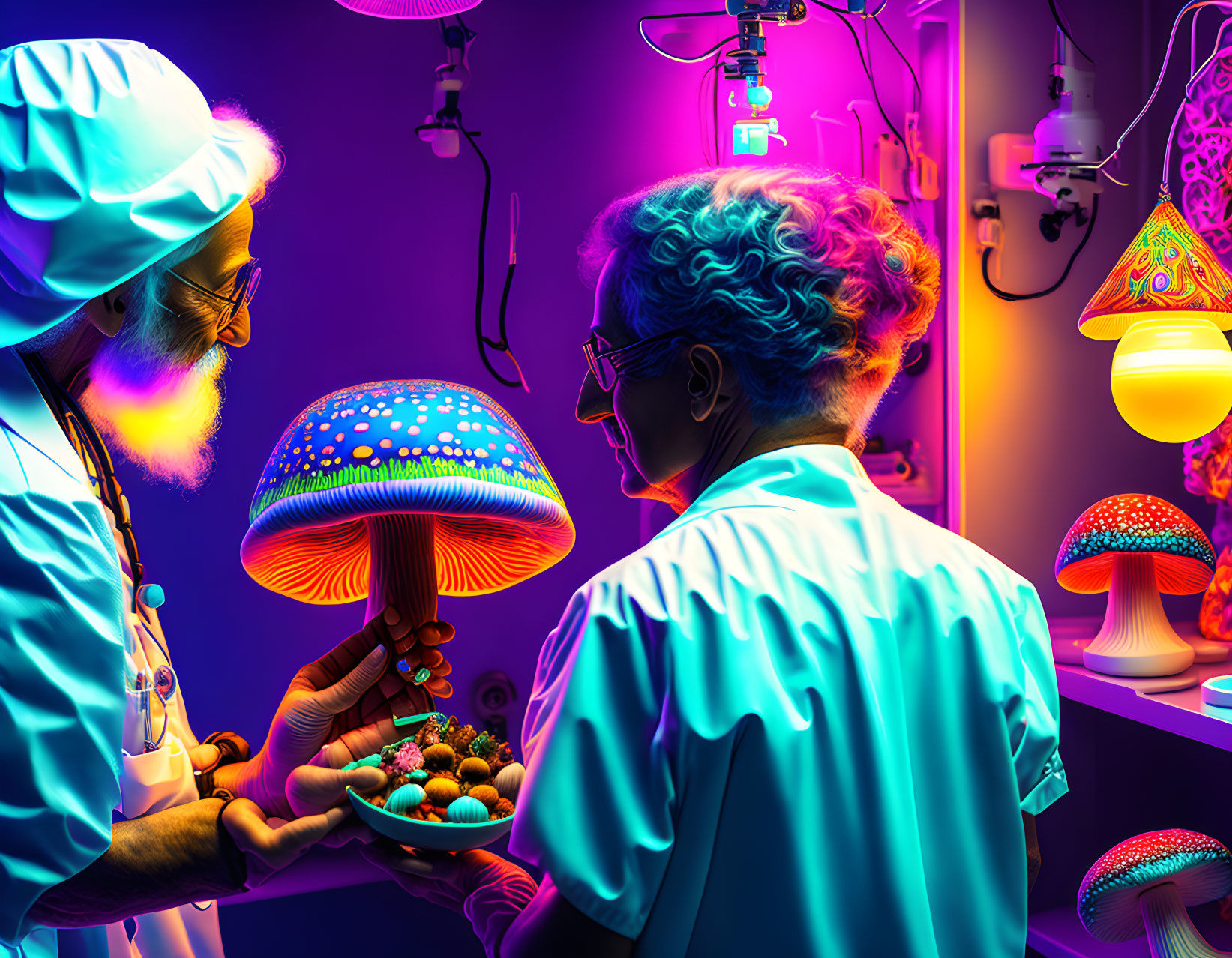 Vibrant neon-lit room with oversized luminous mushroom.