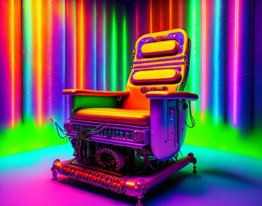 Neon-lit dental chair with intricate machinery and colorful backdrop