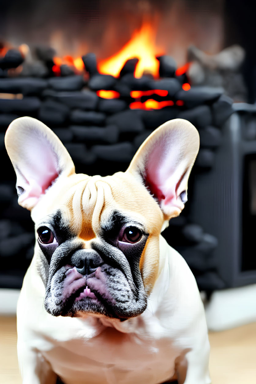 Alert French Bulldog by Cozy Fireplace