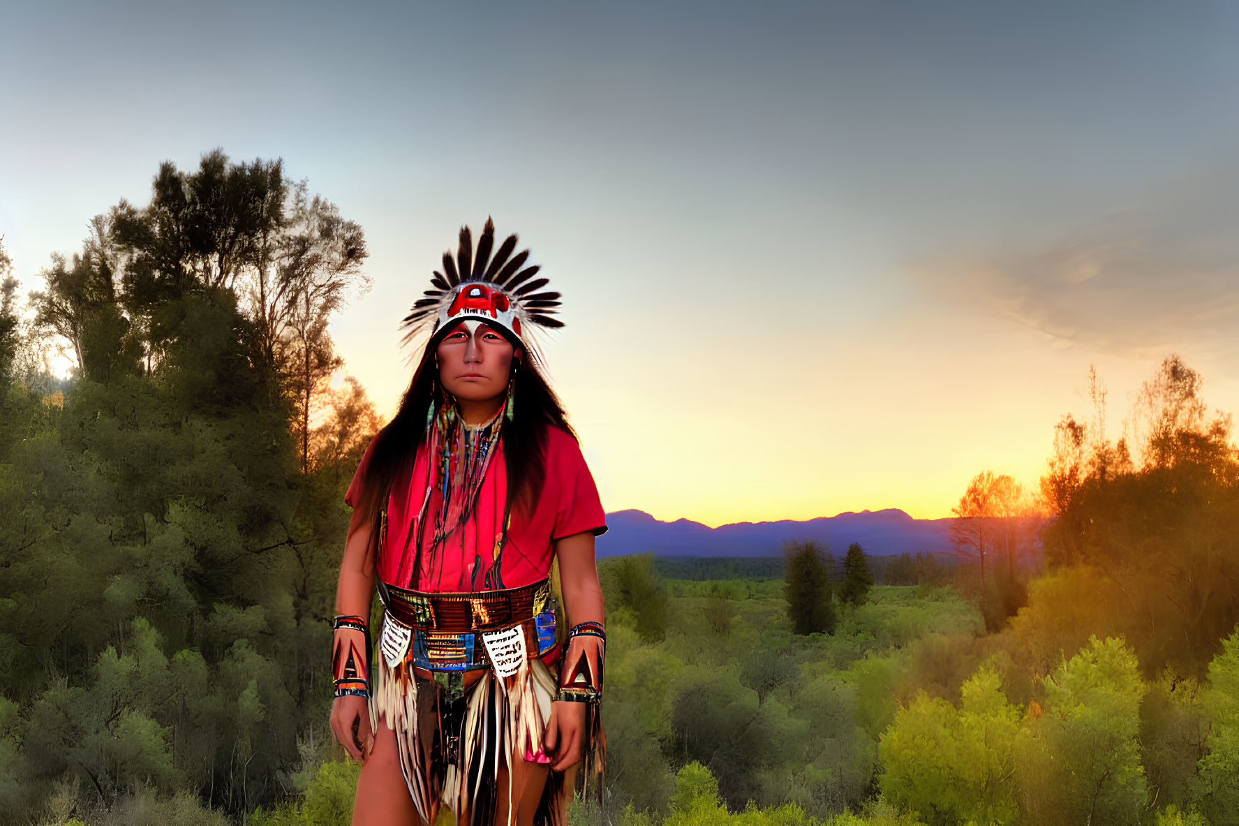 Native American person in traditional attire against sunset landscape.