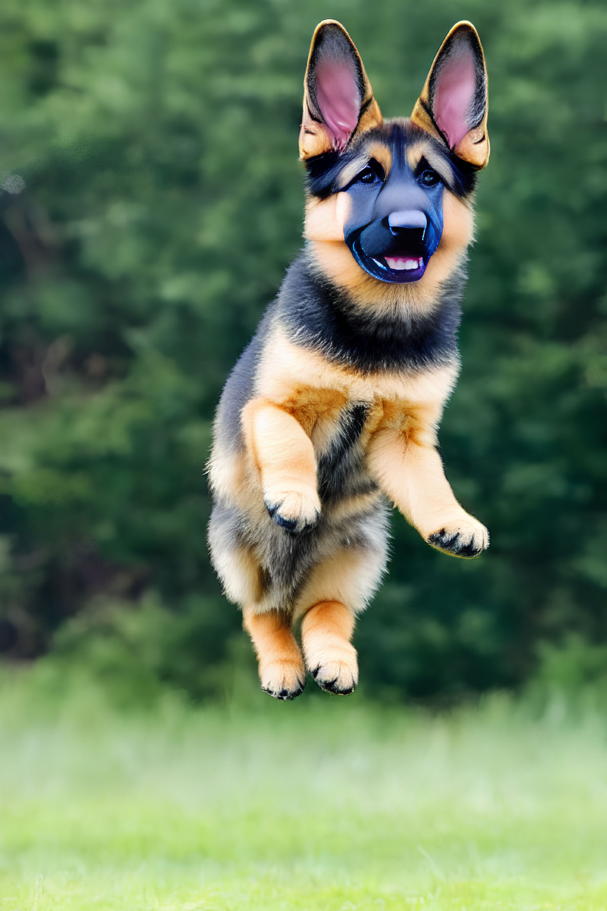 German Shepherd Puppy Mid-Jump with Cartoon Happy Face