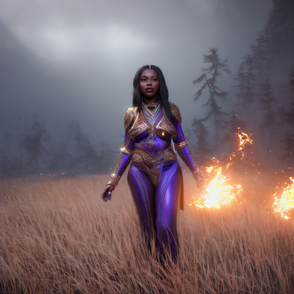 Futuristic woman in ornate golden and purple costume in misty field with fires