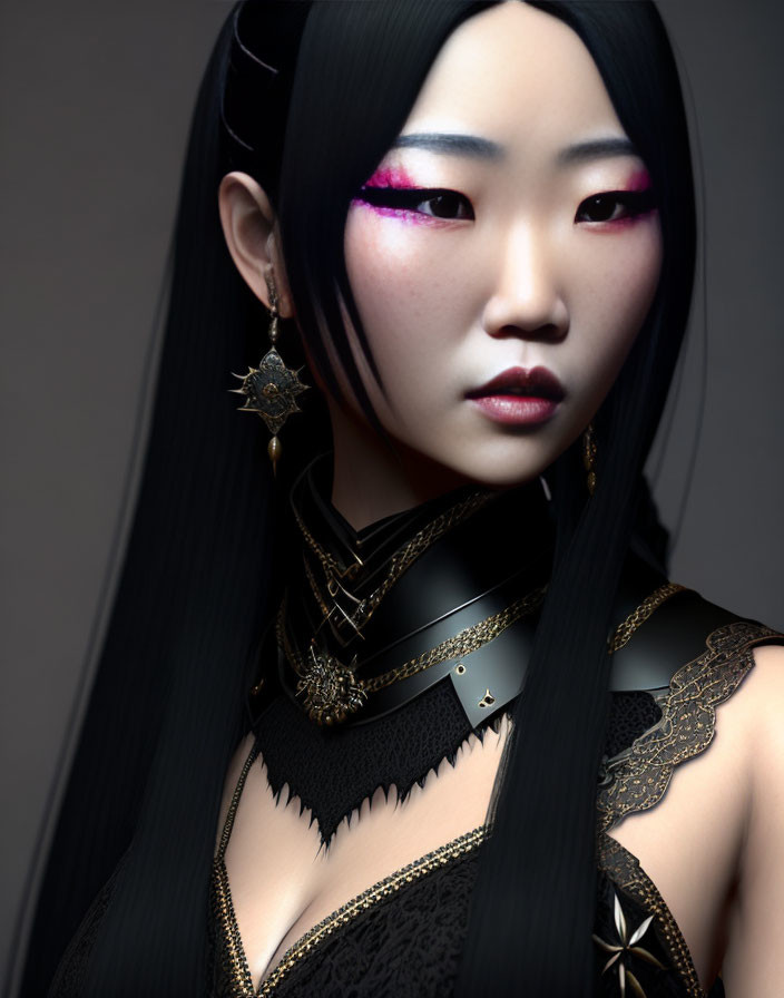 Asian woman with striking makeup and accessories on grey background