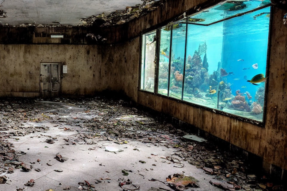 Abandoned room with debris and large aquarium filled with fish