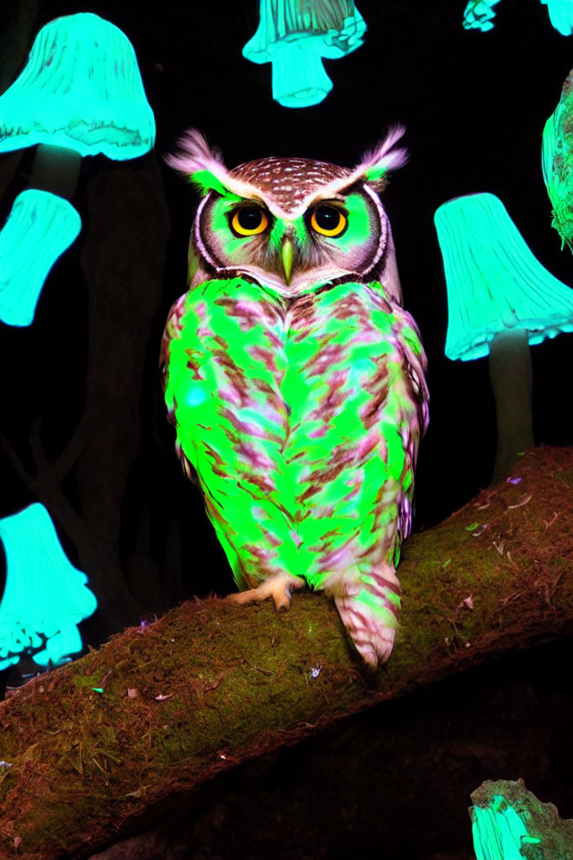 Vividly illuminated owl on branch with neon-green feather patterns under luminescent blue mushrooms