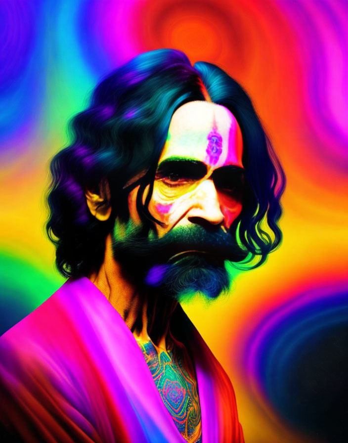 Vibrant portrait of a man with long dark hair and beard in psychedelic colors