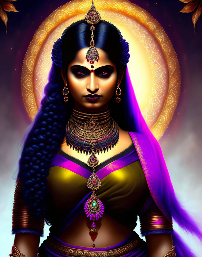 Detailed illustration of woman in traditional attire with intricate jewelry against mystical background