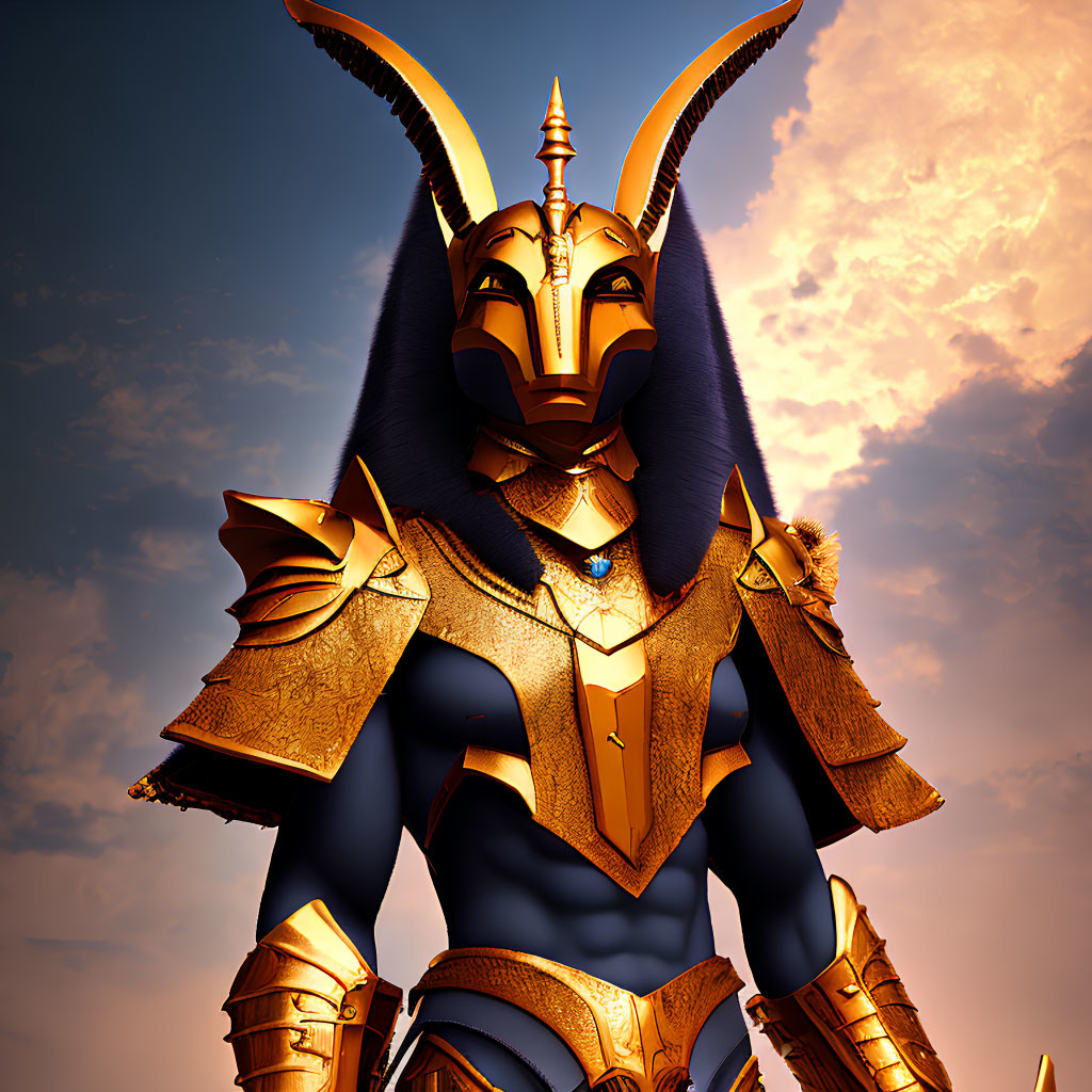 Golden-armored Anubis character in fiery sky setting