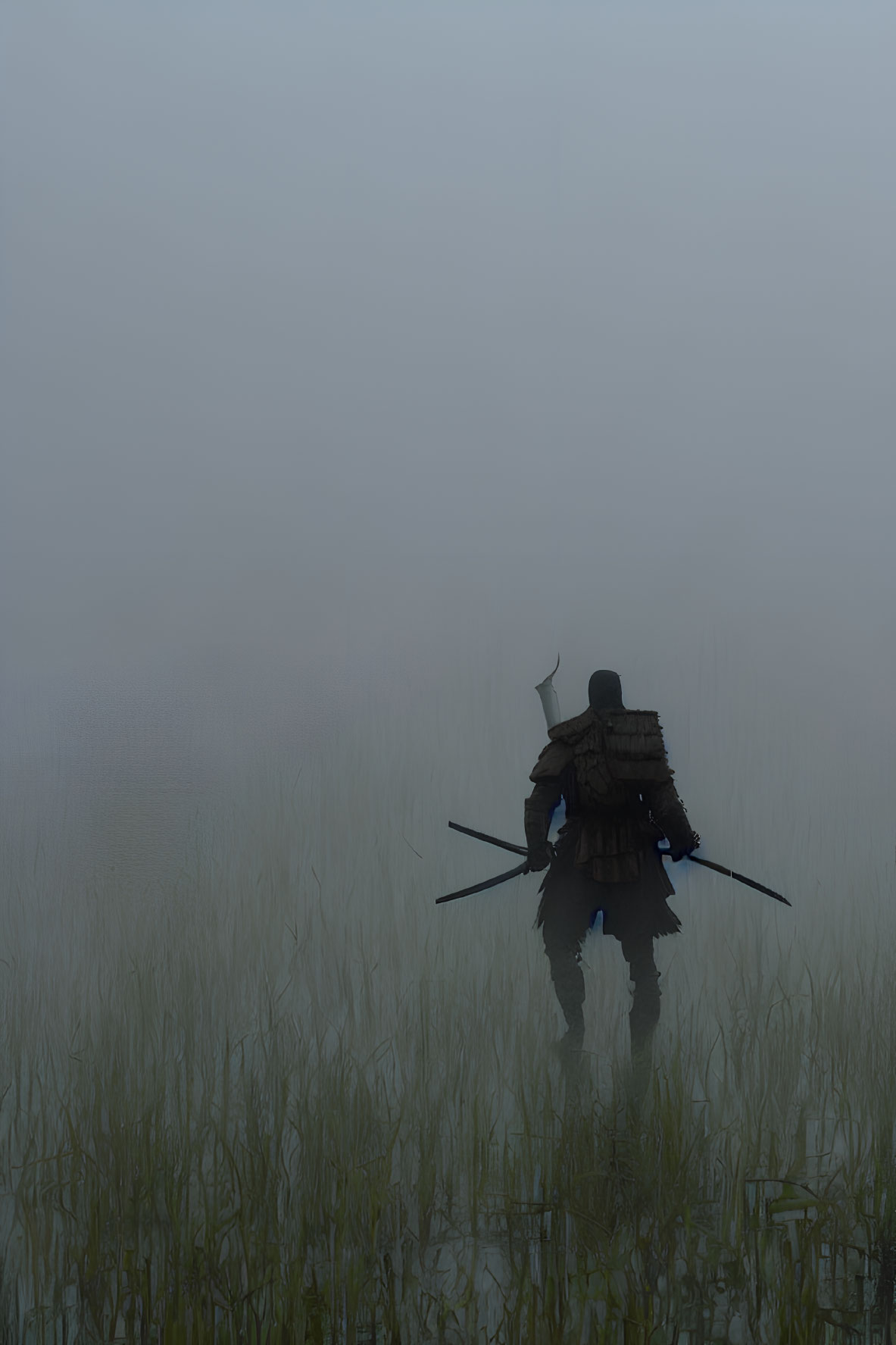 Misty landscape with lone warrior in shallow water