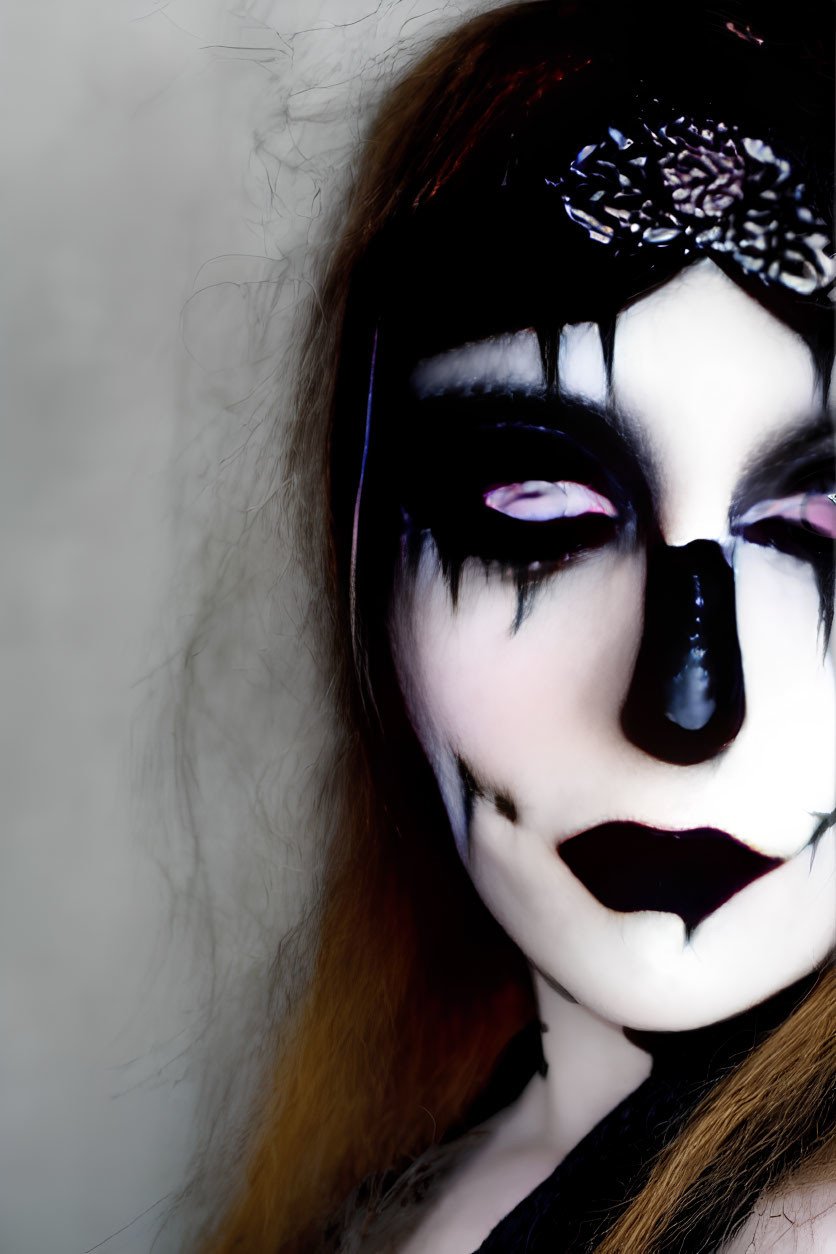 Dramatic black and white face makeup with dark eye shadow and headpiece on blurred background