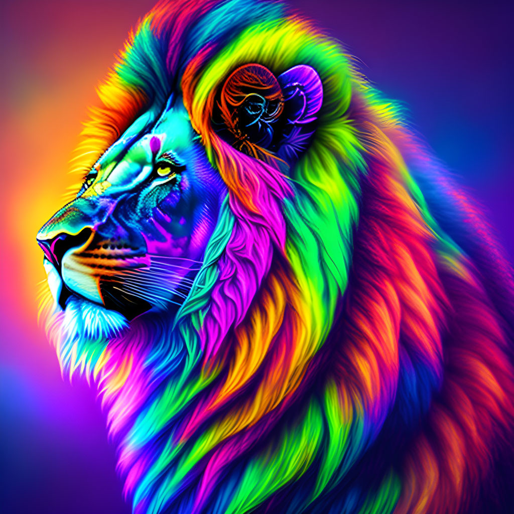 Colorful Lion Digital Artwork with Zodiac Symbol & Psychedelic Background