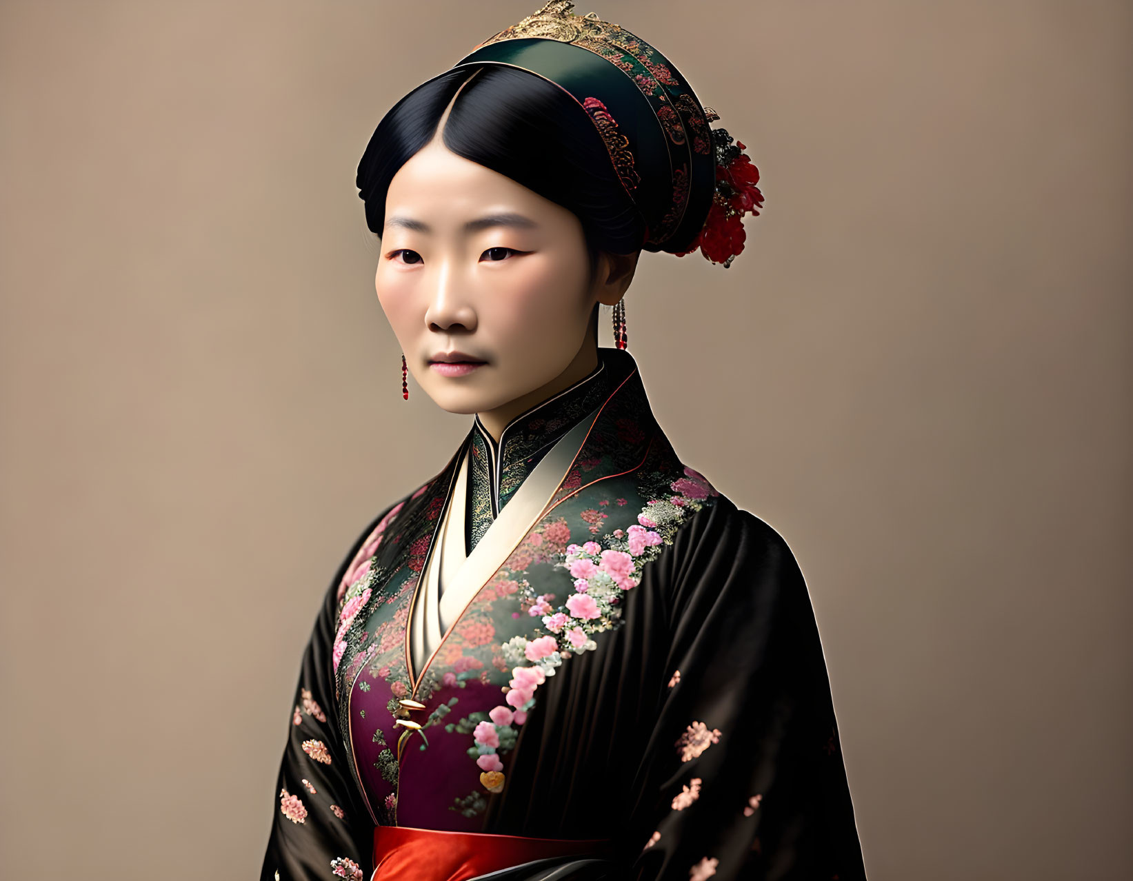 Traditional Asian Attire Portrait with Intricate Floral Designs