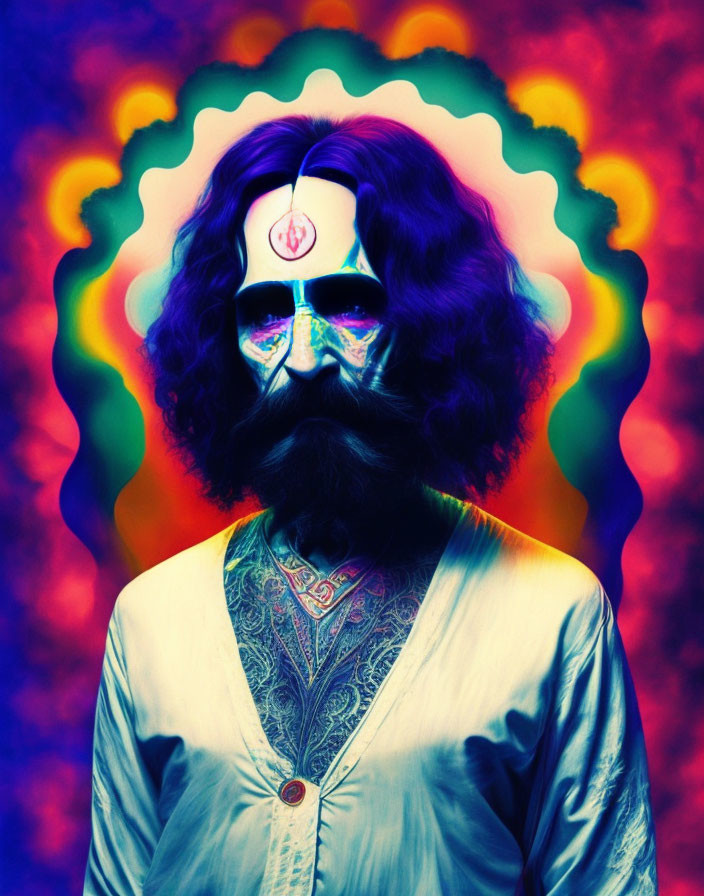 Colorful Psychedelic Portrait of Bearded Man with Sunglasses and Spiritual Symbol