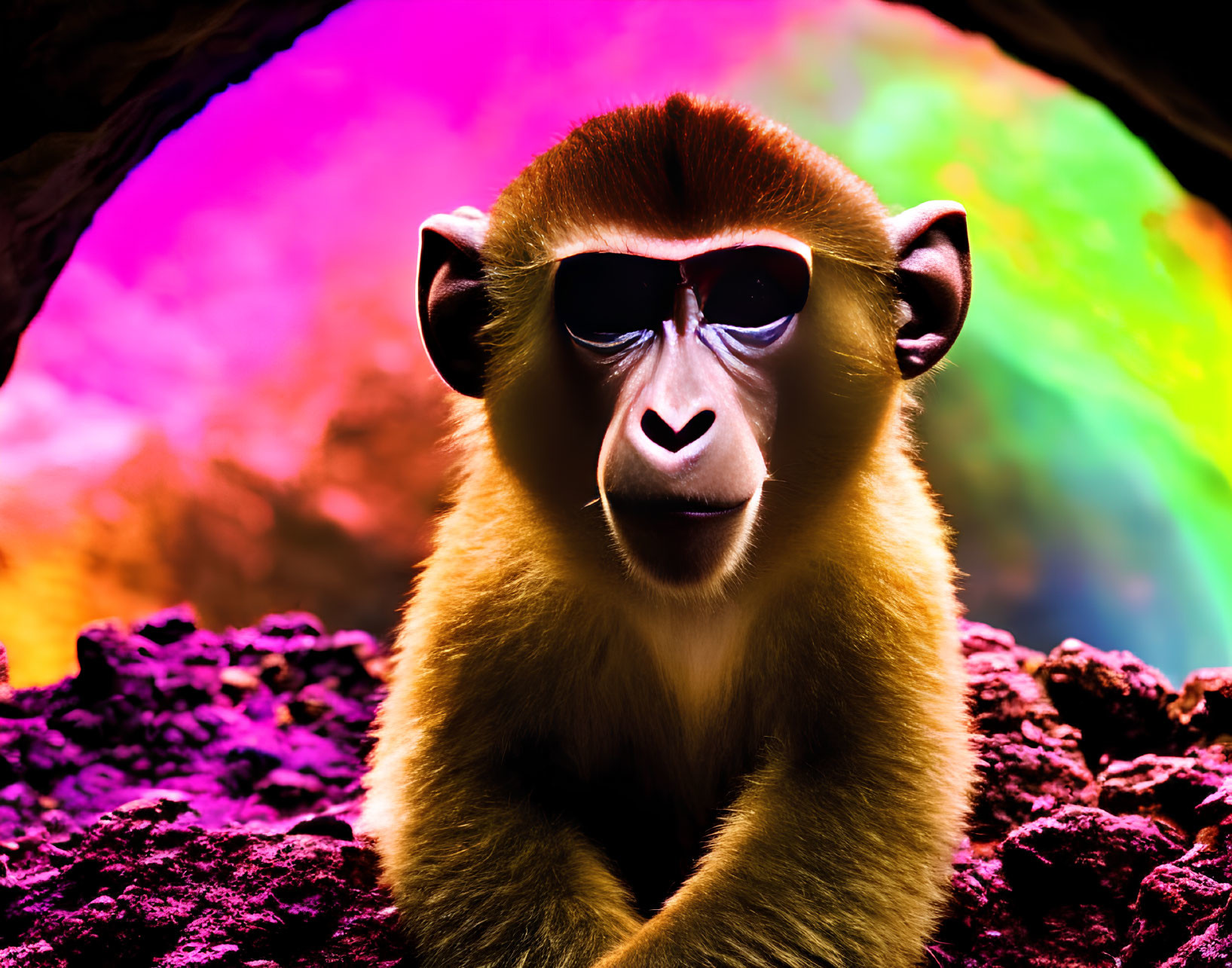 Colorful Baboon Portrait Against Vibrant Background