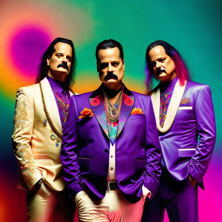 Vibrant Multicolored Background with Three Men in Colorful Suits