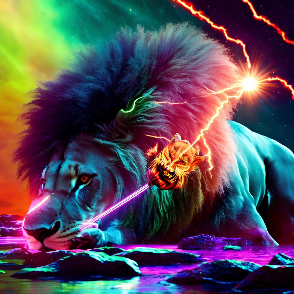 Colorful Digital Artwork: Lion with Glowing Mane in Neon Sky with Lightning and Laser Eyes