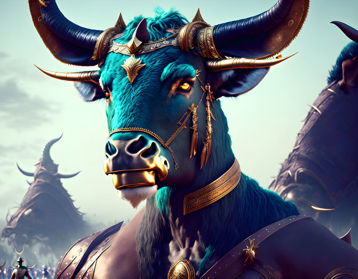 Detailed digital illustration of majestic blue bull with ornate horns and armor, fantasy theme.