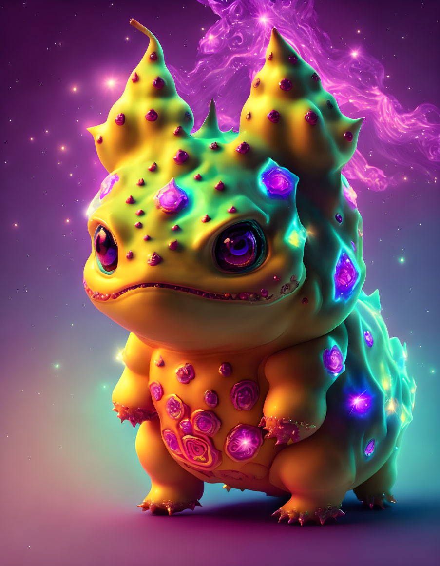 Colorful Dinosaur-Like Creature with Purple Gems and Glowing Spikes