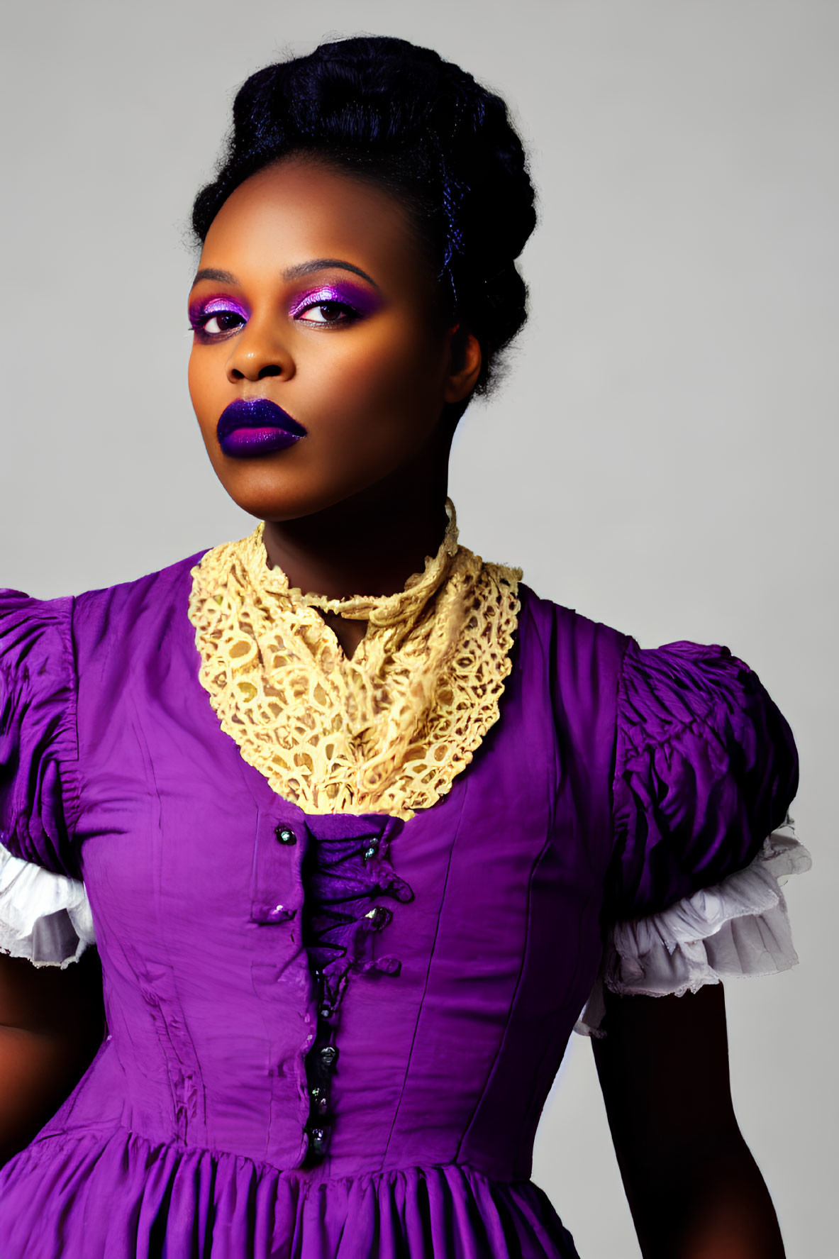 Striking purple makeup and vintage dress on woman pose against neutral background