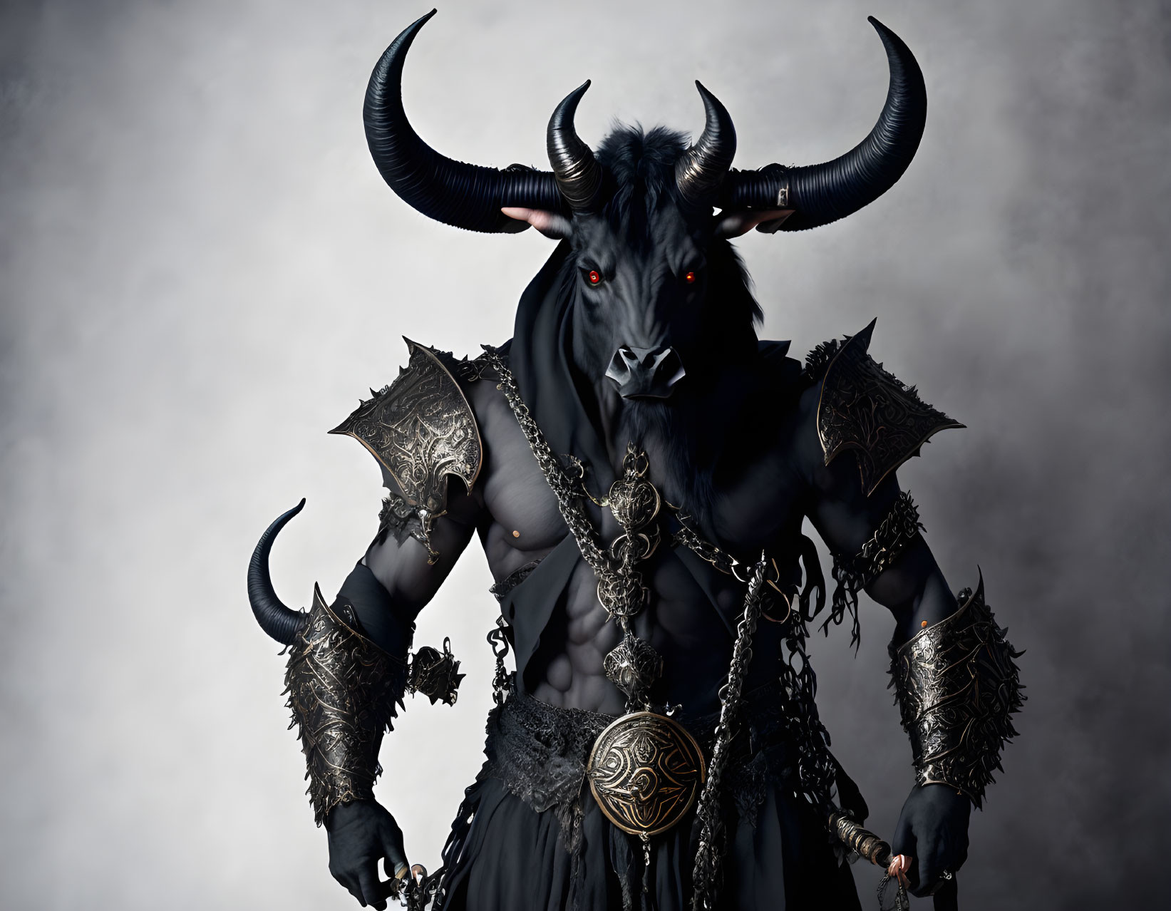 Bull-headed figure in dark armor with glowing eyes on smoky background