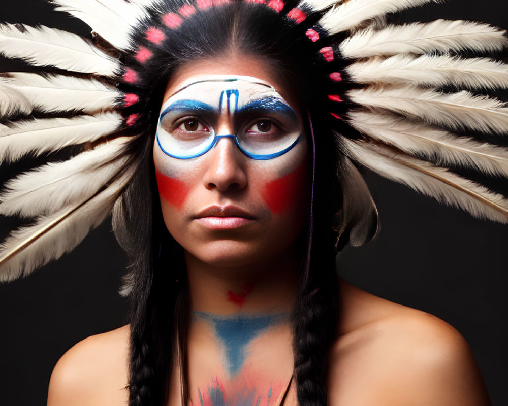 Traditional Native American aesthetic: Person in feathered headdress and face paint.