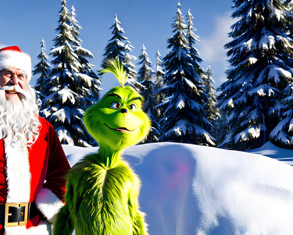 Festive Santa Claus and Grinch in snowy forest scene