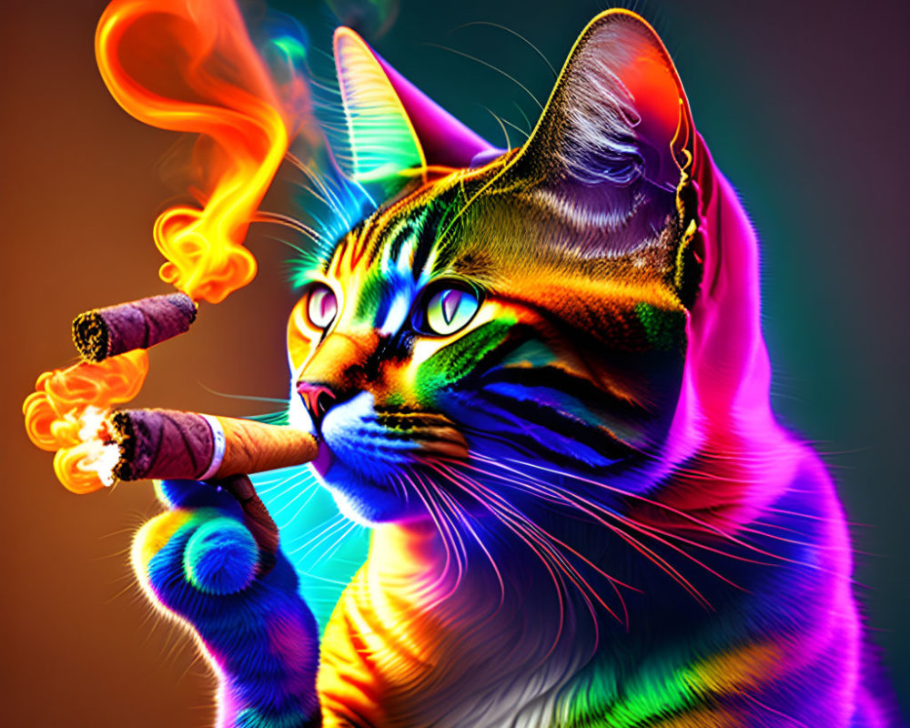 Colorful Cat Smoking Cigar on Gradient Background