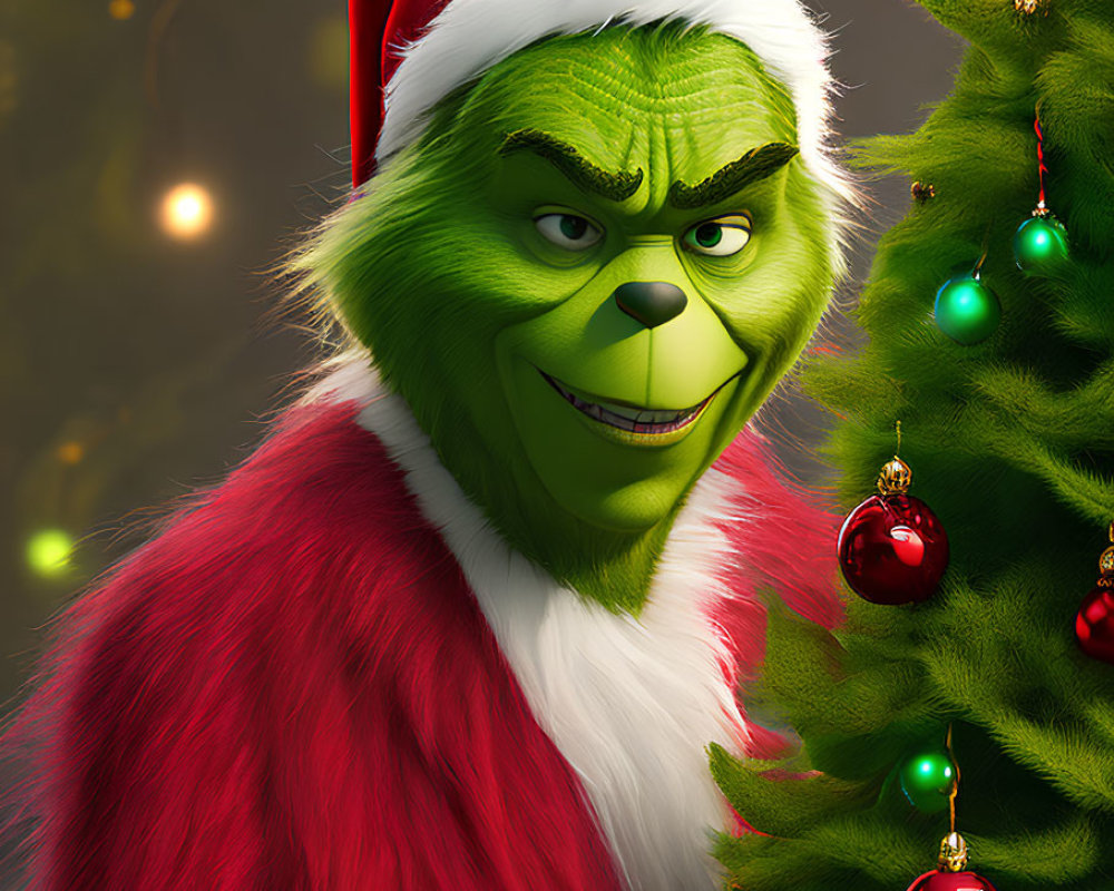 Grinch in Santa Outfit Beside Christmas Tree