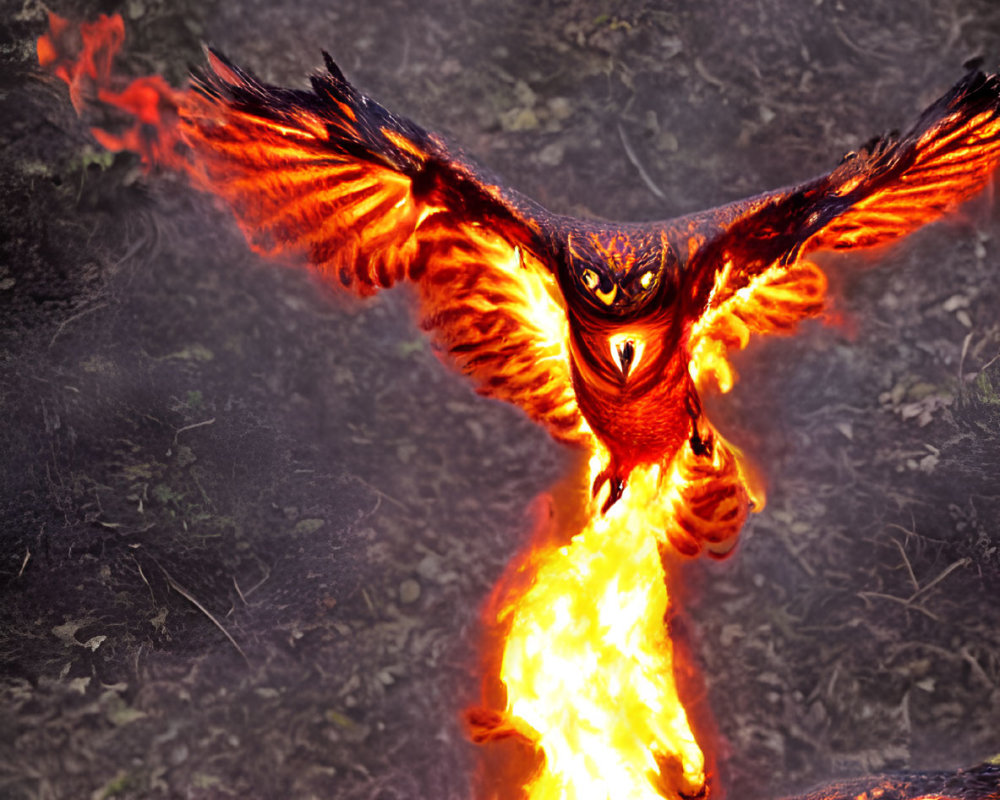 Fiery phoenix soaring with spread wings in dark forest