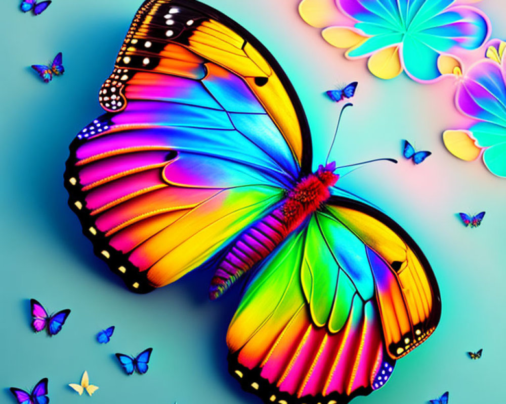 Colorful Butterfly Artwork with Rainbow Wings on Teal Background