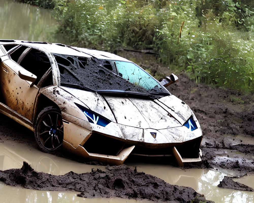 Luxury sports car trapped in muddy pit with splattered body and submerged tires