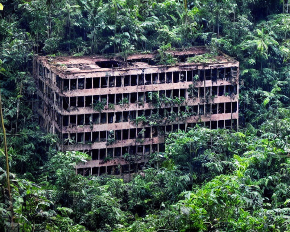 Abandoned multi-story building covered in forest vegetation