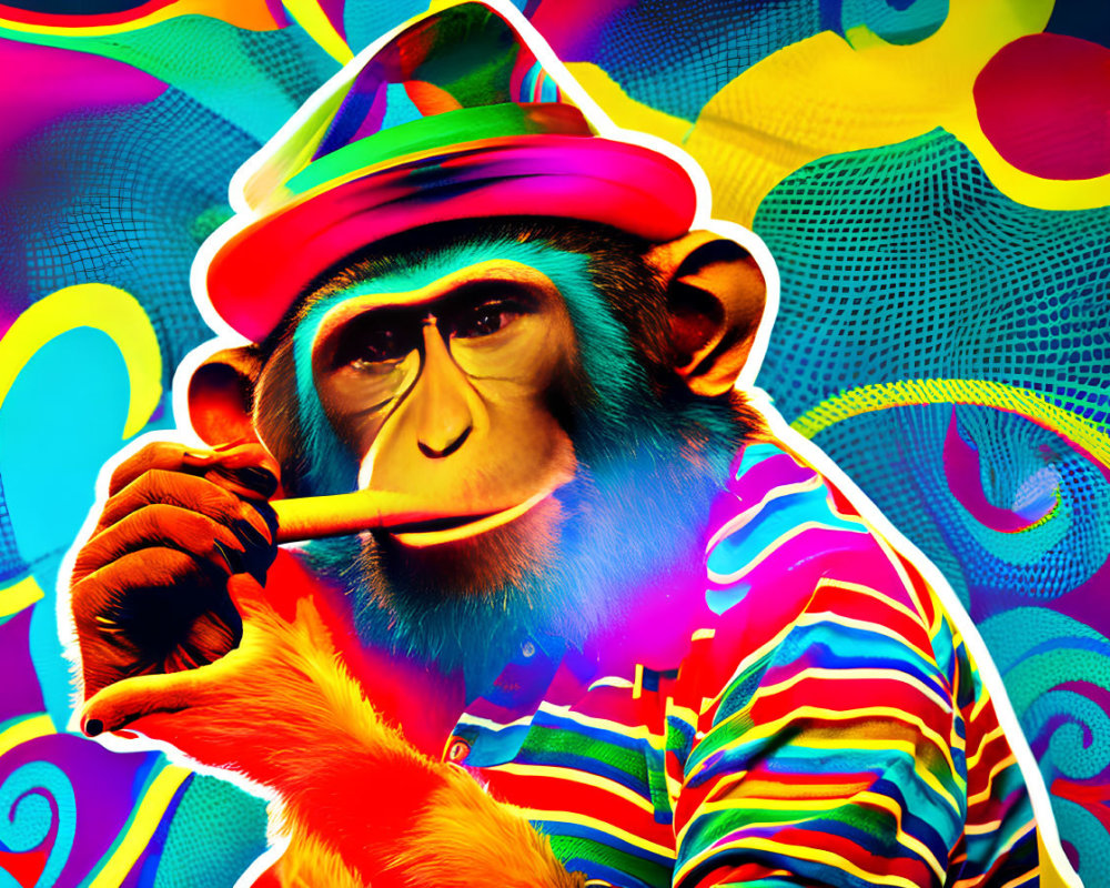 Colorfully dressed chimpanzee plays brass instrument in vibrant setting