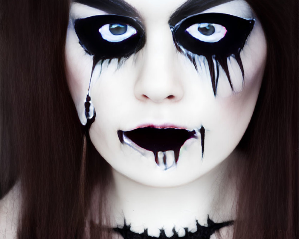 Dramatic black and white gothic makeup with exaggerated eyes and dripping lips