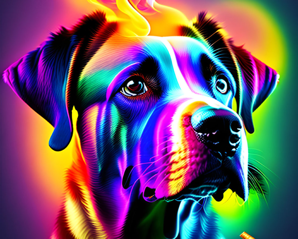 Colorful Digital Art: Dog with Neon Rainbow Palette and Cigarette