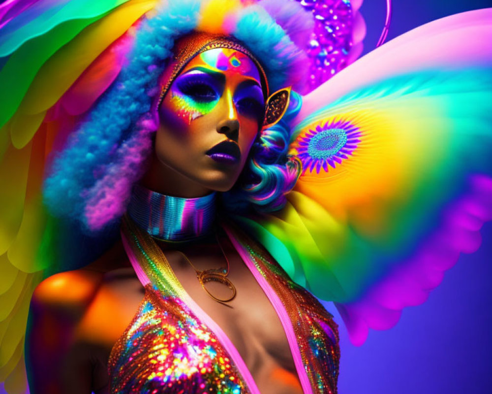 Vibrant makeup portrait with feathered headdress on gradient background