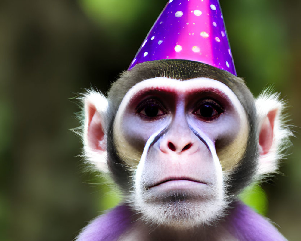 Monkey in Purple Party Hat Peeks Over Wooden Barrier