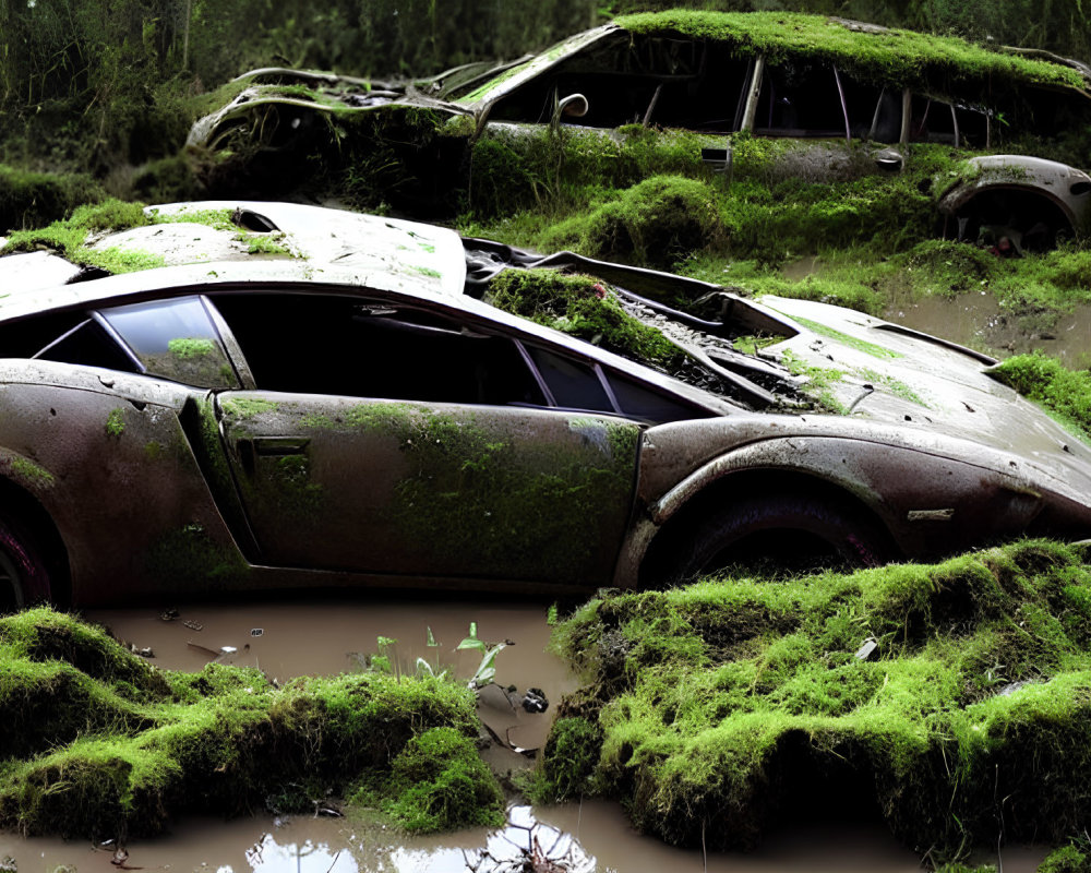 Decaying sports car and vehicles overtaken by moss in muddy water