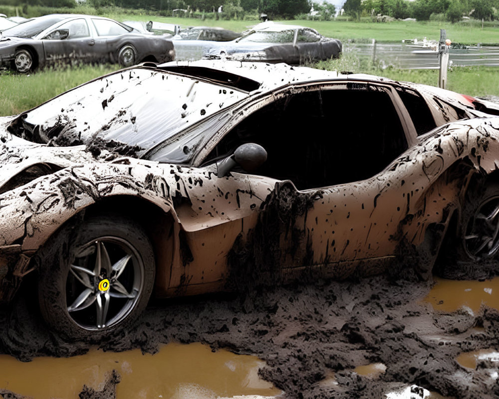 Mud-Covered Sports Car Abandoned in Muddy Field