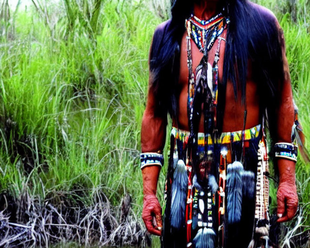 Native American person in traditional attire in wetland grassland