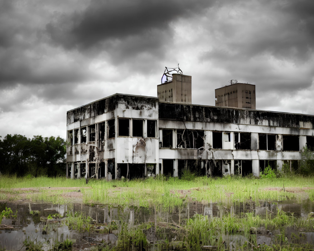 Dilapidated two-story building in overgrown surroundings