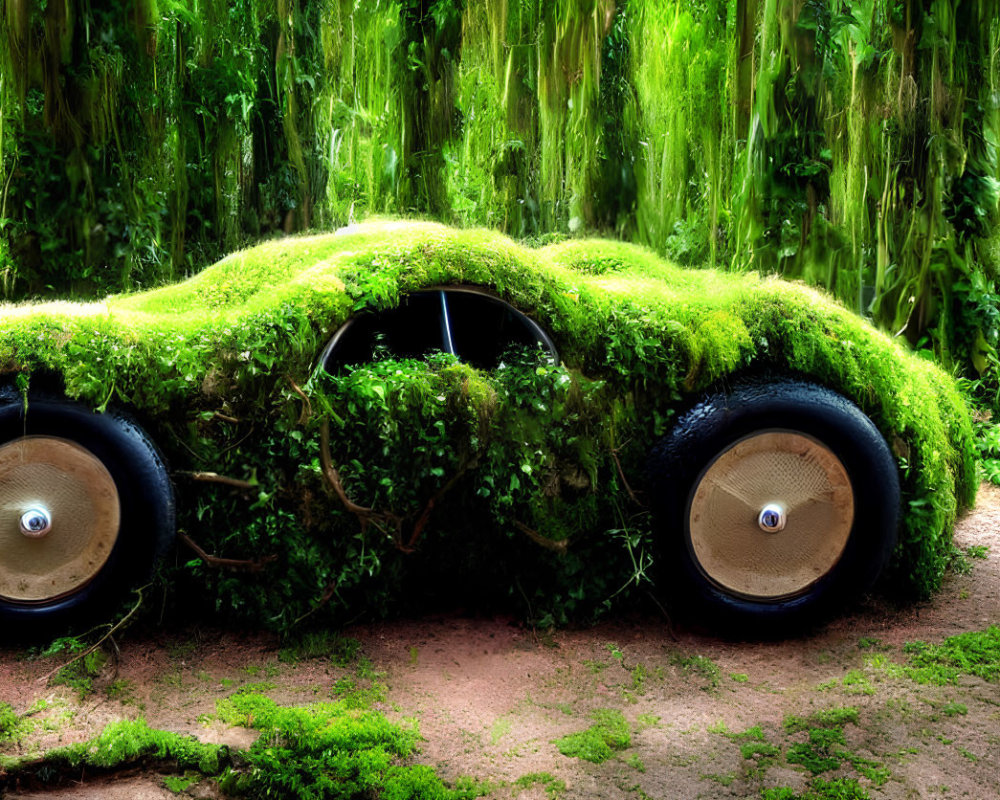 Old car covered in green moss in dense forest