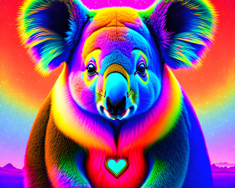 Colorful Psychedelic Koala Artwork with Rainbow Gradient and Heart Detail