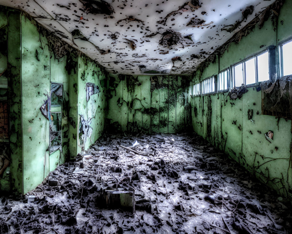 Desolate abandoned room with peeling green walls