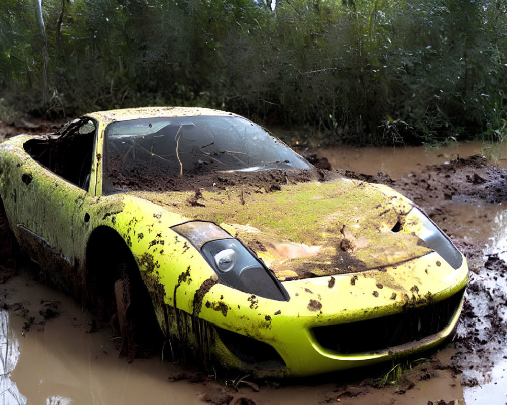 Yellow Sports Car Stuck in Mud Field