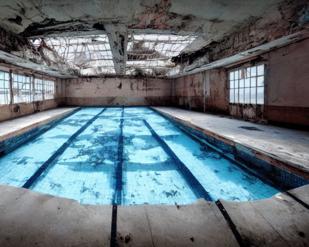 Decaying indoor swimming pool with peeling paint and debris