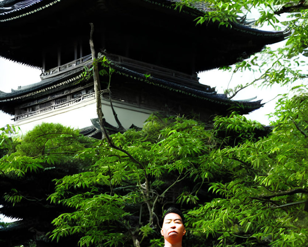 Shirtless person meditating in front of lush pagoda landscape