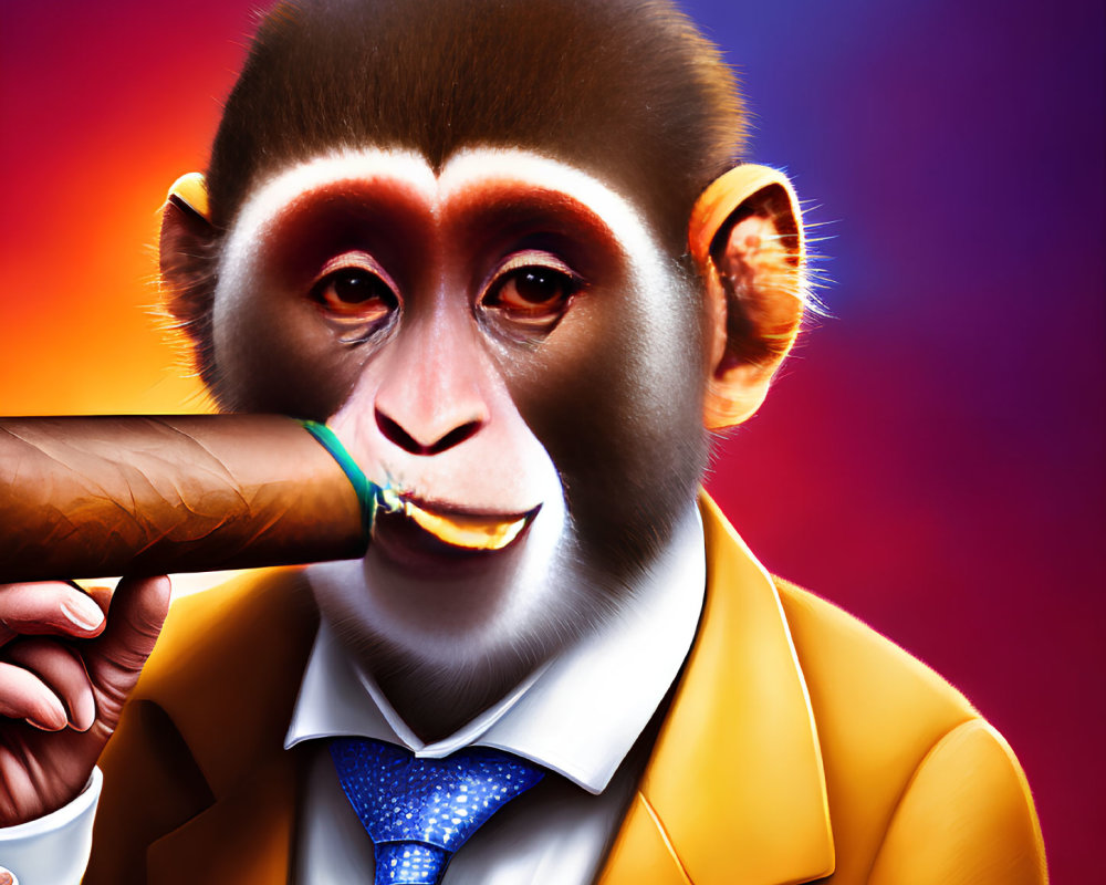 Monkey in Yellow Jacket and Blue Tie Smoking Cigar on Red and Purple Background